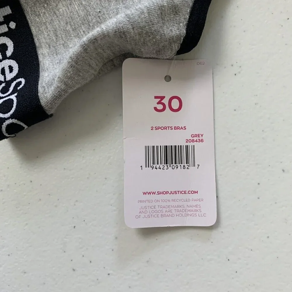 Justice Girls Gray Sports Yoga Bra Size 30 Logo Spell Out New